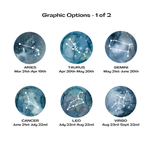 illustrations zodiac constellation graphics aries, taurus, gemini, cancer, leo, and virgo in blues and greys with corresponding birth dates in text