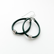 dark hunter green leather hoop earrings with stainless steel accents and titanium ear wires