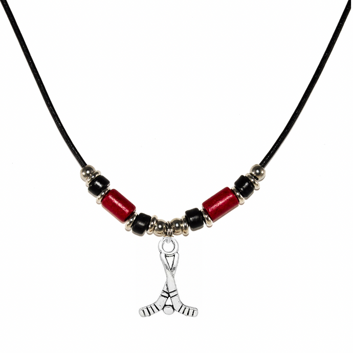 hockey sticks leather cord necklace with red and black beads