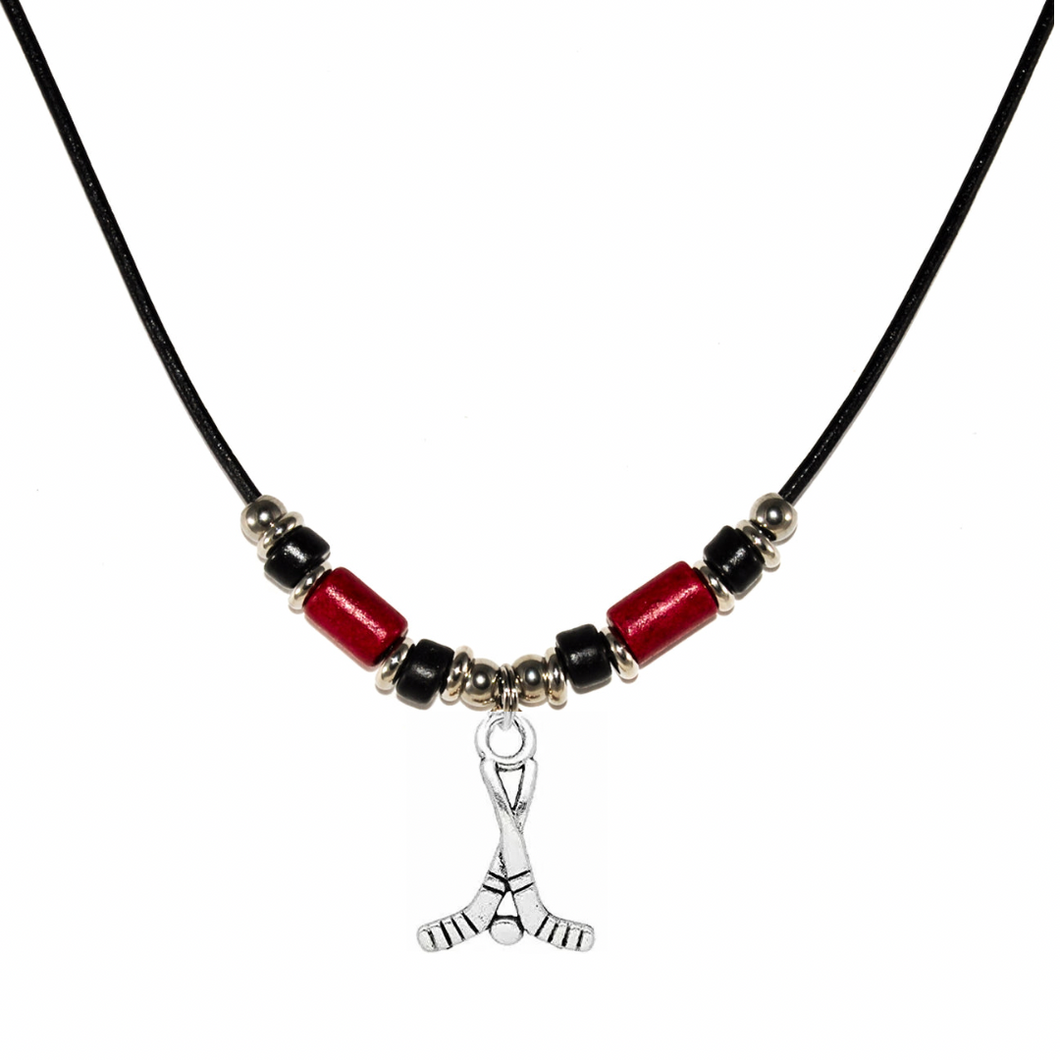 hockey sticks leather cord necklace with red and black beads