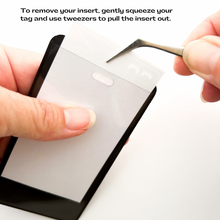 instructions for how to remove bag tag insert from its pvc vinyl sleeve with tweezers