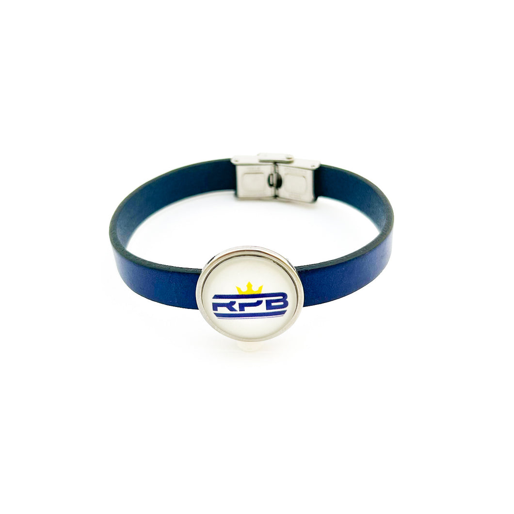 custom McKinney high school royal pride band blue leather bracelet with slide charm and stainless steel clasp