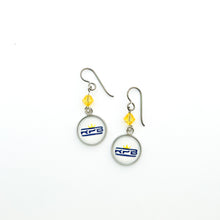 custom stainless steel McKinney Royal Pride Band charm earrings with gold Swarovski crystal beads