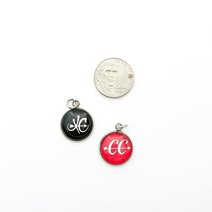 stainless steel XC and CC cross country charms in black and red