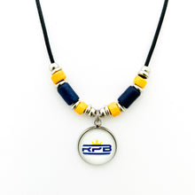 custom McKinney high school royal pride leather cord necklace with navy and yellow spacer beads