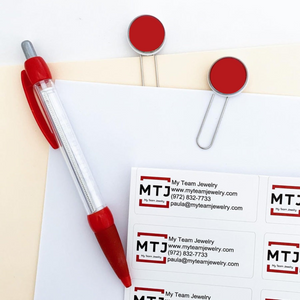 My Team Jewelry address labels with red paper clip bookmarks and pen