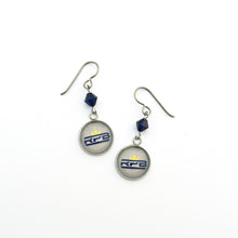 custom stainless steel McKinney Royal Pride Band charm earrings with navy blue Swarovski beads