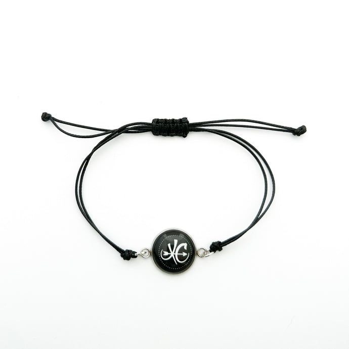 stainless steel XC cross country charm bracelet with black adjustable cotton cord