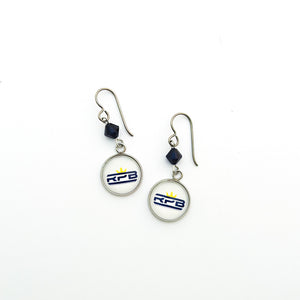 custom stainless steel McKinney Royal Pride Band charm earrings with navy blue Swarovski crystal beads