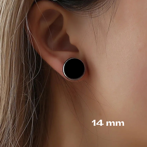 young white girl wearing black 14 mm stud earrings