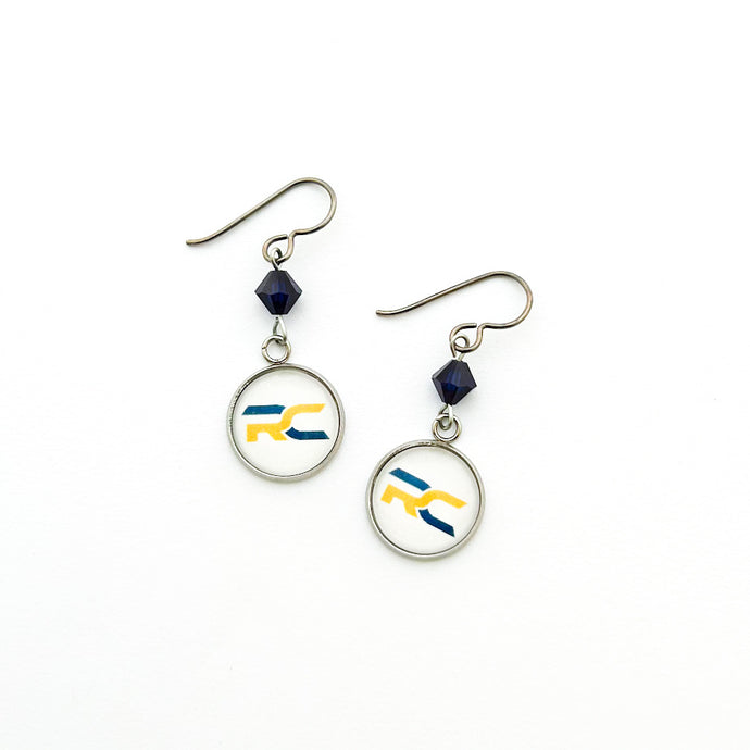 custom Raymond Central high school charm earrings with navy Swarovski crystal bicone beads