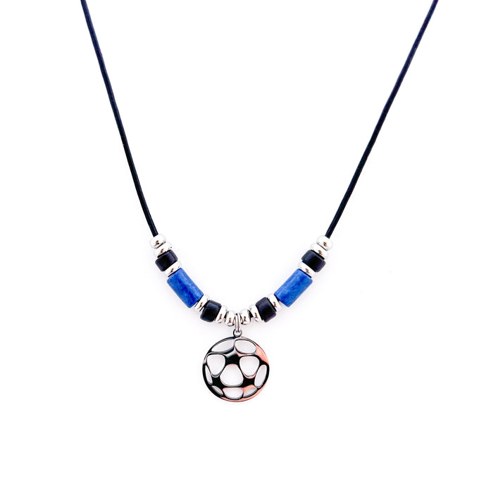 stainless steel soccer pendant necklace with blue and black ceramic tube beads and stainless steel spacers strung on a black leather cord