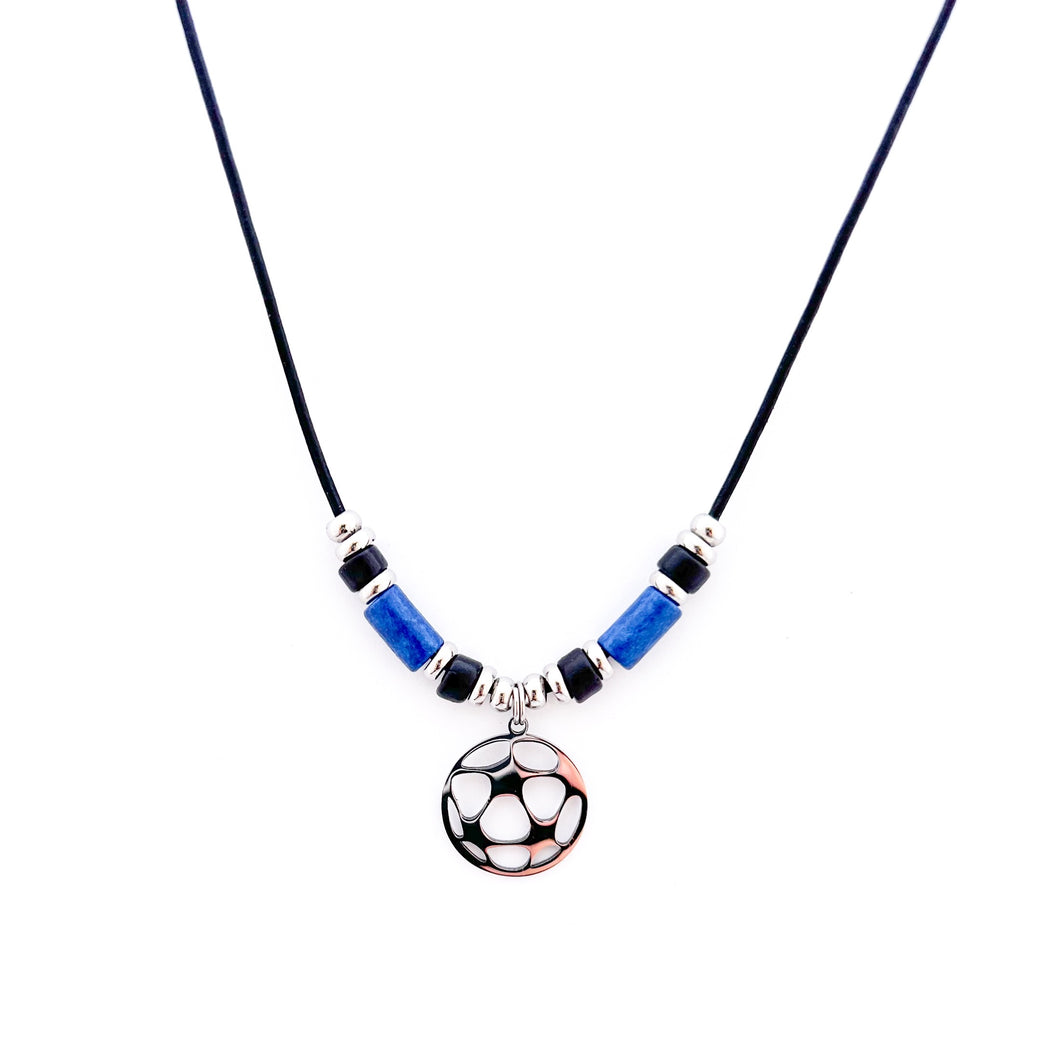 stainless steel soccer pendant necklace with blue and black ceramic tube beads and stainless steel spacers strung on a black leather cord