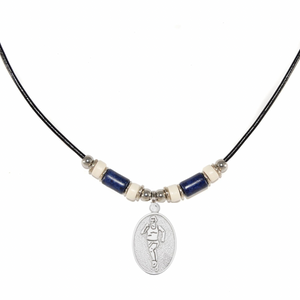 leather cord track runner pendant necklace with navy and white beads