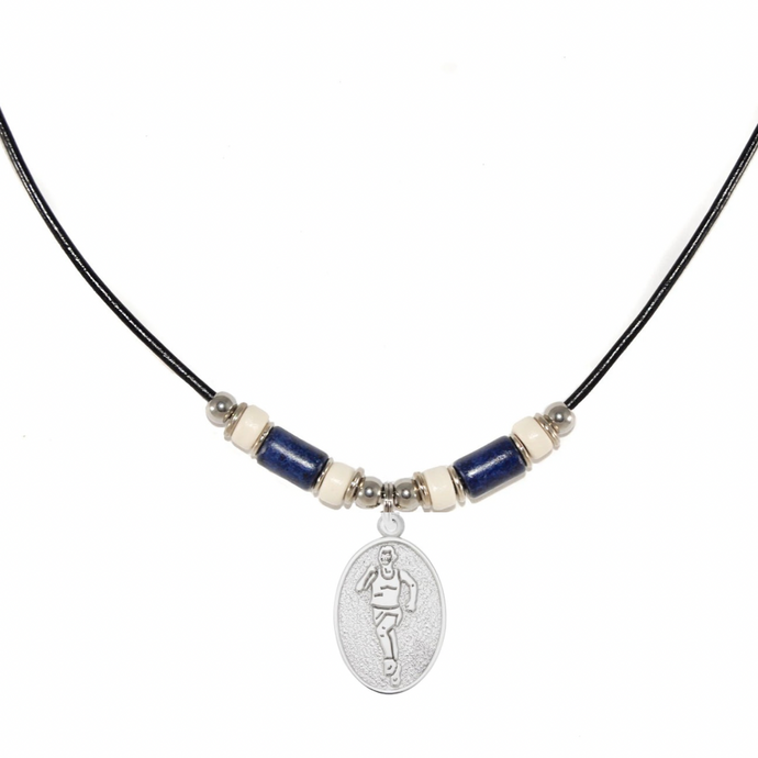 leather cord track runner pendant necklace with navy and white beads