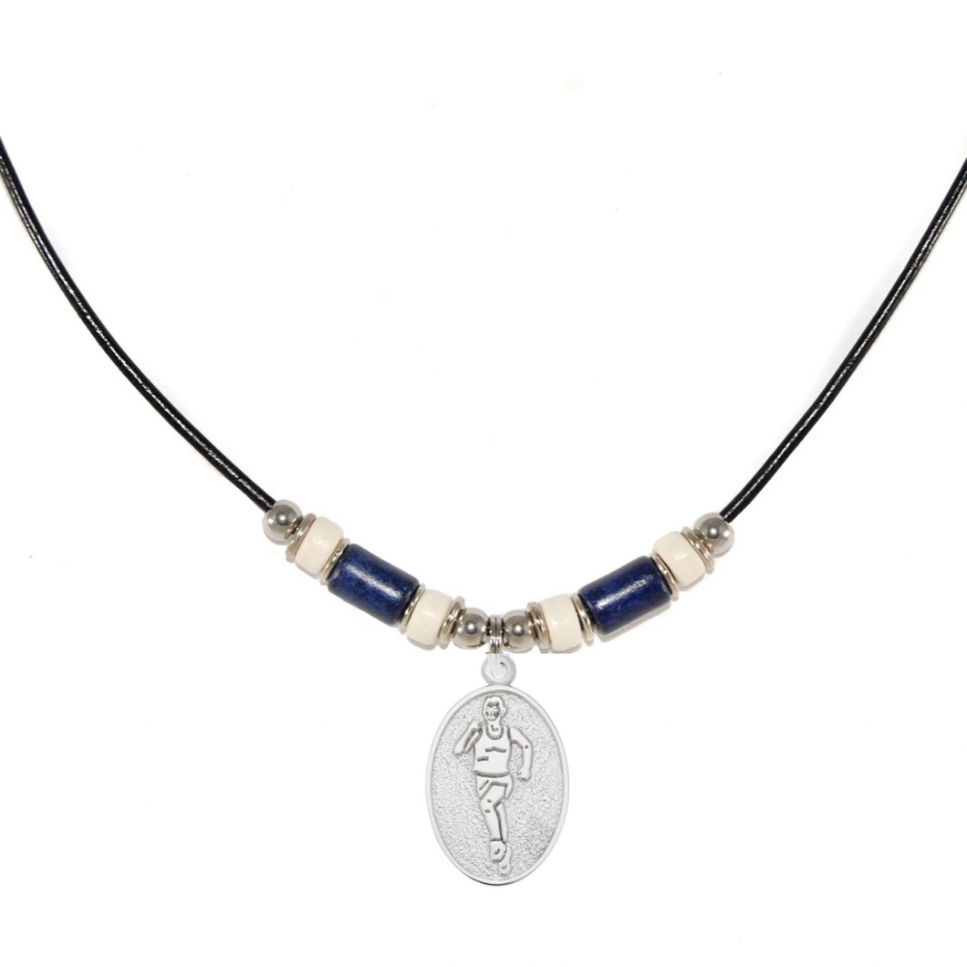 leather cord track runner pendant necklace with navy and white beads