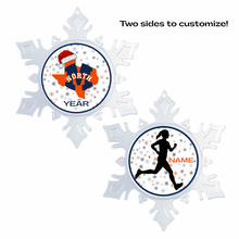 Two customizable snowflake-shaped ornaments one with a holiday themed mckinney north graphic and the other a personalized text with female runner silhouette