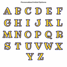 capital letters of the alphabet in yellow with navy blue outline in ribeye font