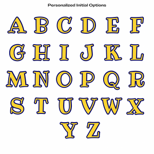 capital letters of the alphabet in yellow with navy blue outline in ribeye font