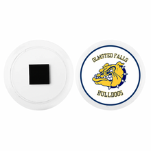 front and back view of a round acrylic photo magnet with the Olmsted falls bulldog mascot logo in navy blue, yellow, and white