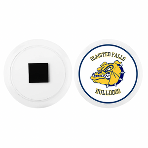 front and back view of a round acrylic photo magnet with the Olmsted falls bulldog mascot logo in navy blue, yellow, and white
