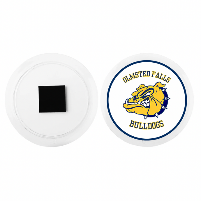 front and back view of a round acrylic photo magnet with the Olmsted falls bulldog mascot logo in navy blue, yellow, and white
