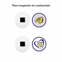 set of two round acrylic photo magnets one with the olmsted falls bulldog head logo and the other with a LOVE graphic and navy blue heart 
