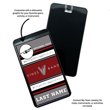 Personalizable luggage bag tag with a Vines Band logo design and a marching band trumpet instrument silhouette graphic and personalized text option