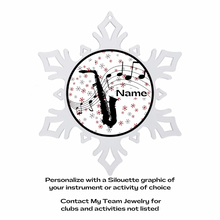 Snowflake-shaped acrylic photo ornament with a saxophone silhouette design and customizable text in the center
