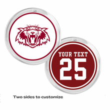 front and back view of a circular acrylic photo disc with the plano wildcat logo on one side and a personalized number 25 and "your text" on the other