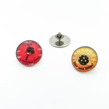 stainless steel pickleball brooch pins with red I Dink and Rise and Shine graphics 