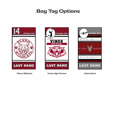 Three bag tag options with various plano and vines high school design and personalized text