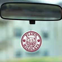 circular acrylic photo disc with 'Plano Wildcats' logo hanging from a car's rear view mirror.