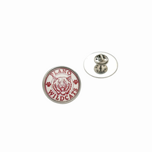 circular stainless steel pin with the plano wildcats logo in maroon and white