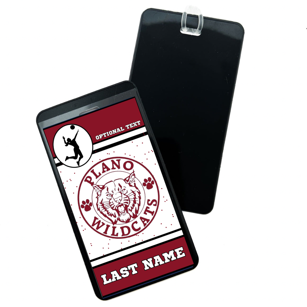 Personalizable luggage bag tag with Plano Wildcats design and a sports silhouette graphic and personalized text option