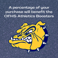 graphic of a blue and gold bulldog mascot with the text "a Percentage of your purchase will benefit the OFHS athletics boosters"
