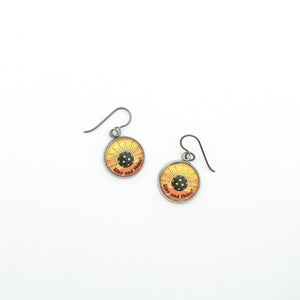 stainless steel pickleball charm earrings with yellow and orange Rise and Shine graphic