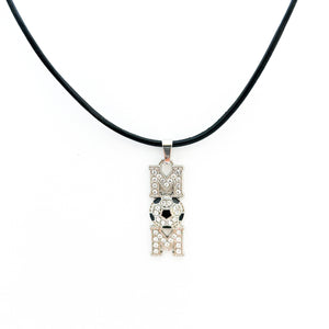 rhinestone soccer mom pendant necklace on a black leather cord