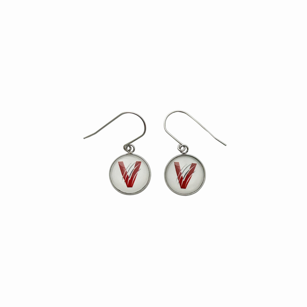 circular charm earrings with the vines v logo attached to titanium ear wires