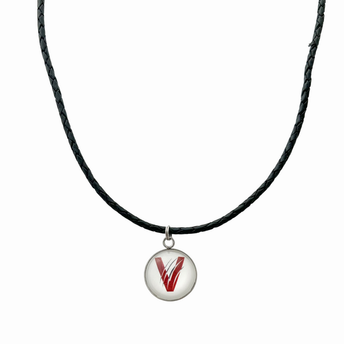 black braided leather cord necklace with a circular pendant featuring the vines high school v logo in maroon and white