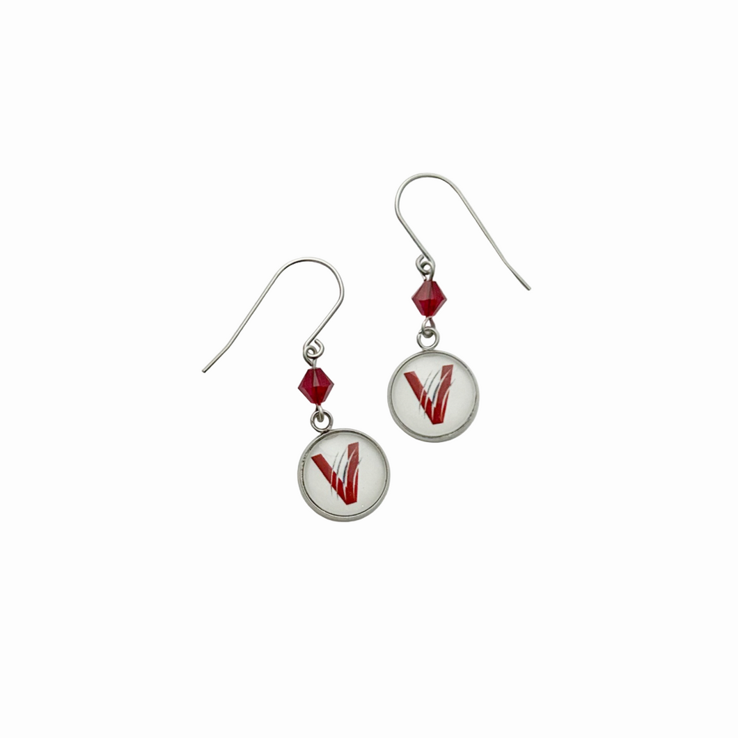 circular charm earrings with vines v logo accented with maroon swarovski crystal beads and titanium ear wires