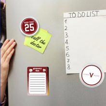 set of two circular acrylic photo magnets featuring the Vines band logo and a number 25 with personalized text in maroon and white displayed on a refrigerator 