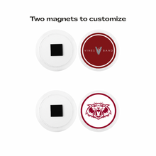 set of two customized acrylic photo magnets with front and back view featuring the Vines band logo and a plano senior high wildcat in maroon and white
