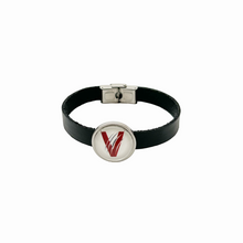 black flat leather bracelet with center charm featuring the vines v logo and stainless steel clasp