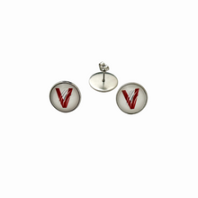 Pair of round stainless steel stud earrings with the vines high school v logo