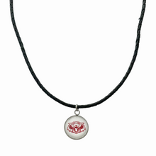 black braided leather necklace with a circular pendant featuring a vines high school wildcat logo