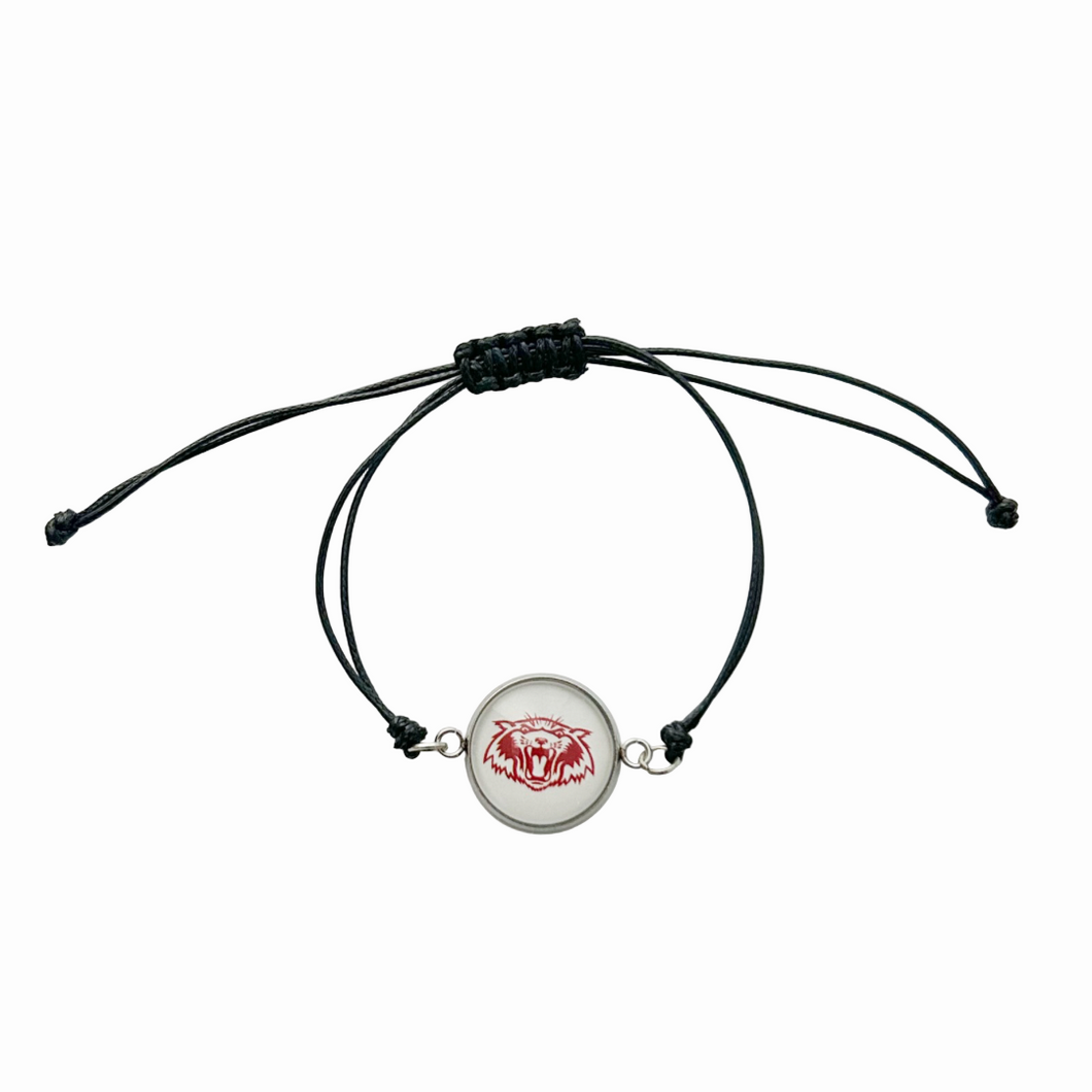black adjustable cord Bracelet with a circular charm featuring the vines wildcat logo 