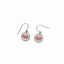 circular charm earrings with the vines wildcat logo attached to titanium ear wires