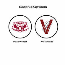 Two Vines High School graphic options labeled 'Plano Wildcat' and 'Vines White' on a white background.