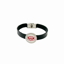 black flat leather bracelet with center charm featuring the vines wildcat logo and stainless steel clasp